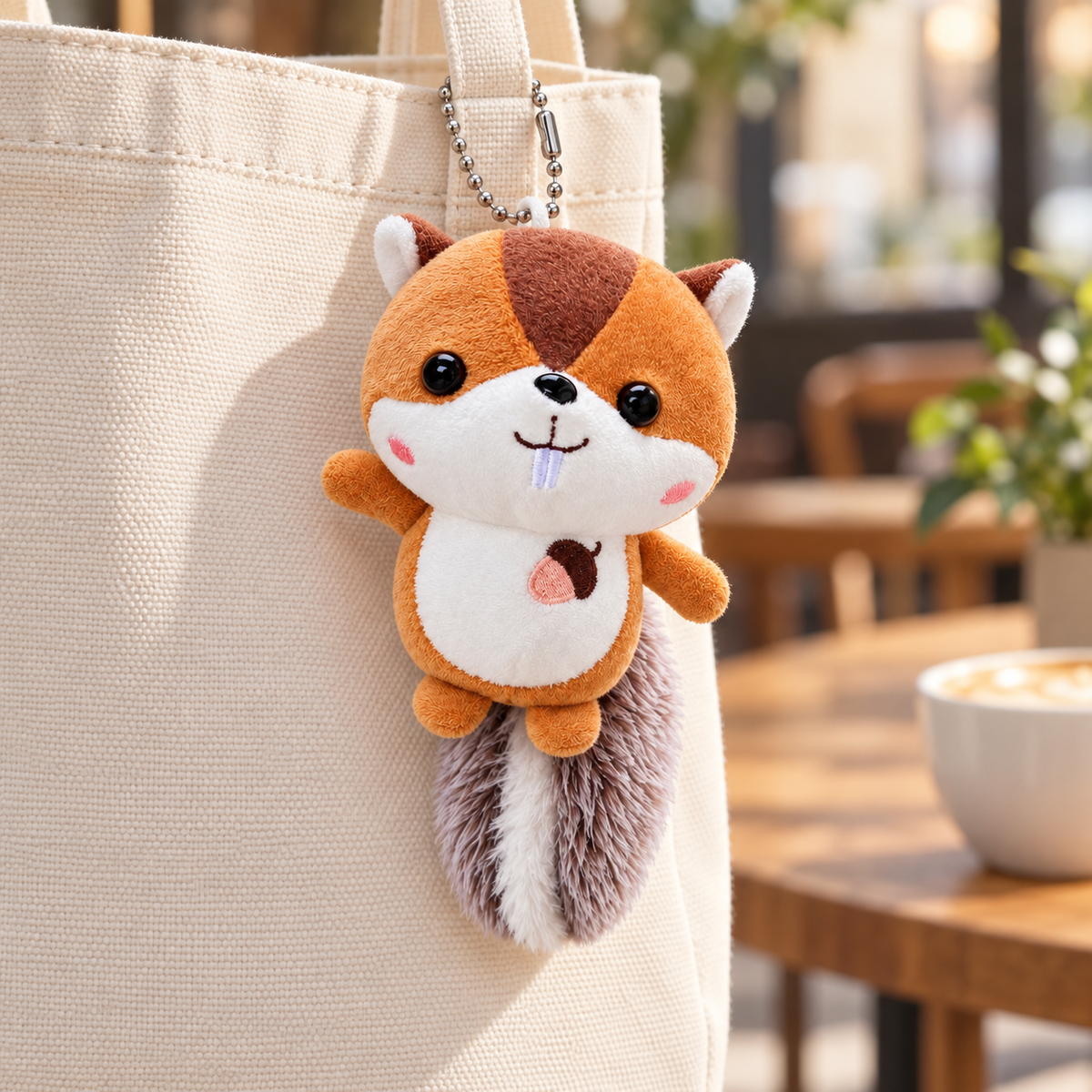 Orange-brown plush squirrel charm on a canvas tote; bag not included