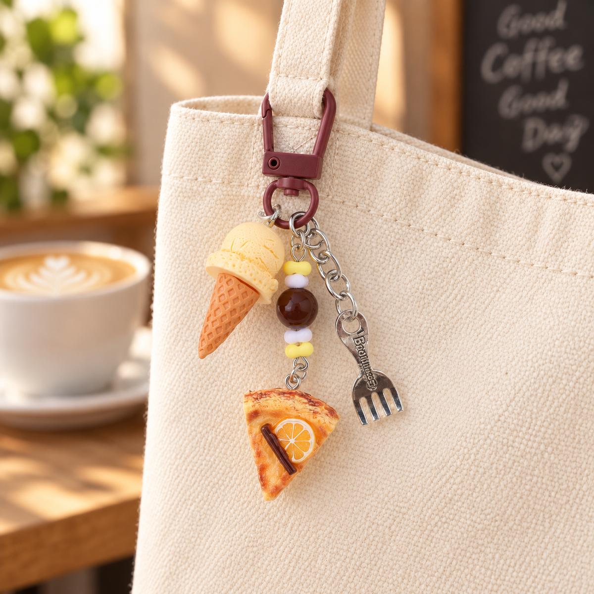 Ice cream and orange cake slice charm clipped to a canvas tote; bag not included