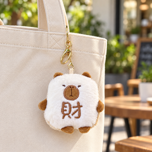 Capybara plush character charm on a cream tote; bag not included