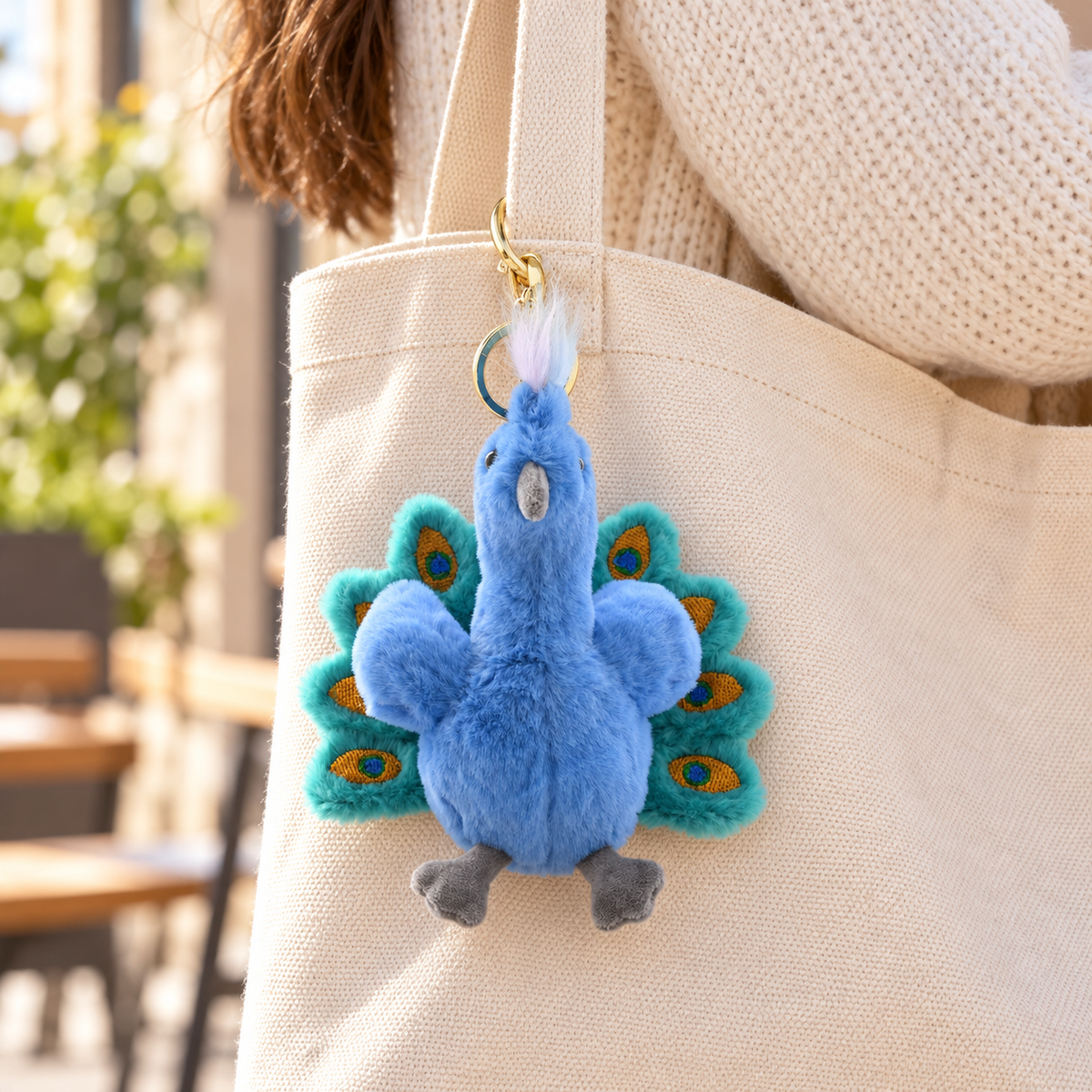 AI lifestyle hero: Plush Peacock Bag Charm 3 colors styled with a bag