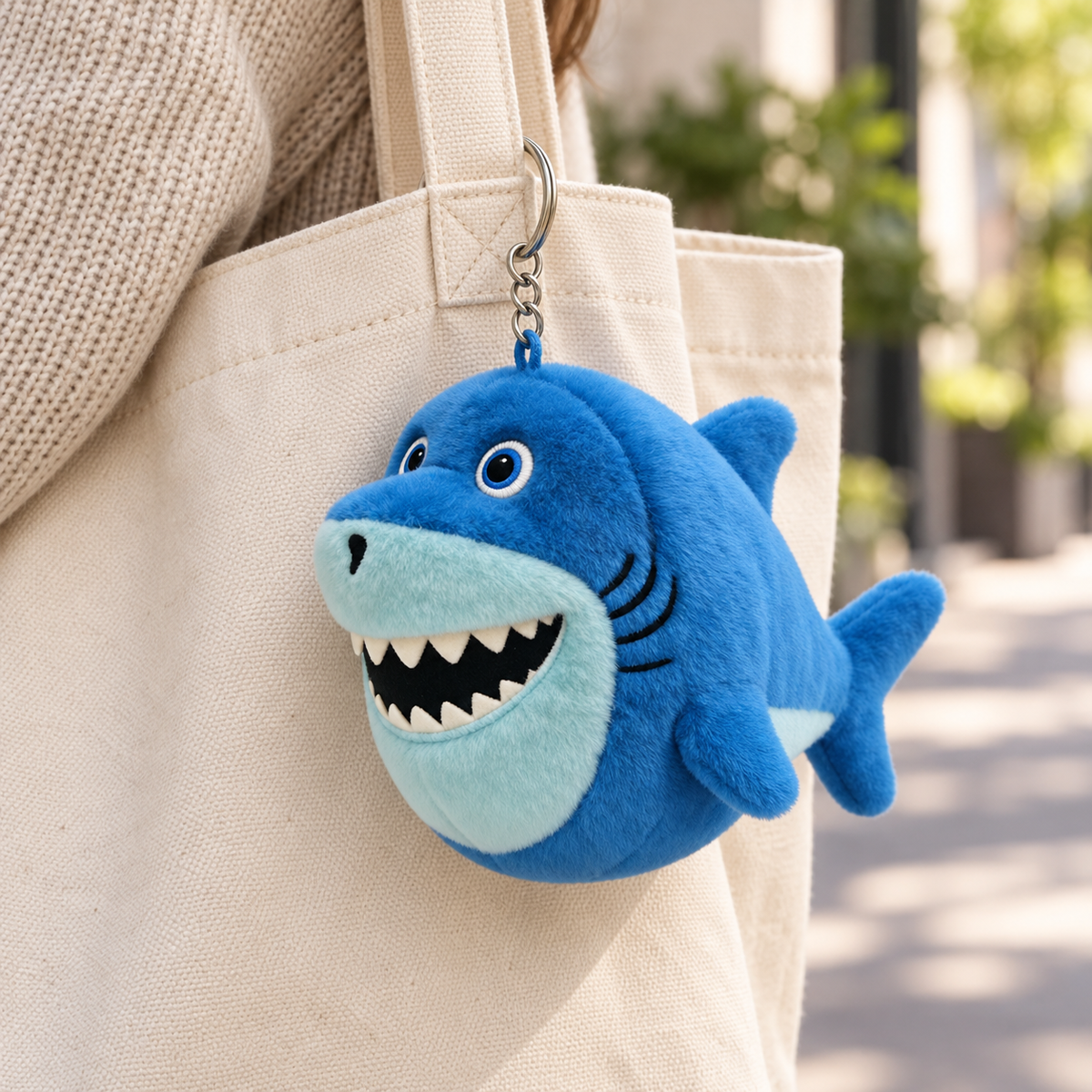 AI lifestyle hero: blue plush shark bag charm attached to a canvas tote