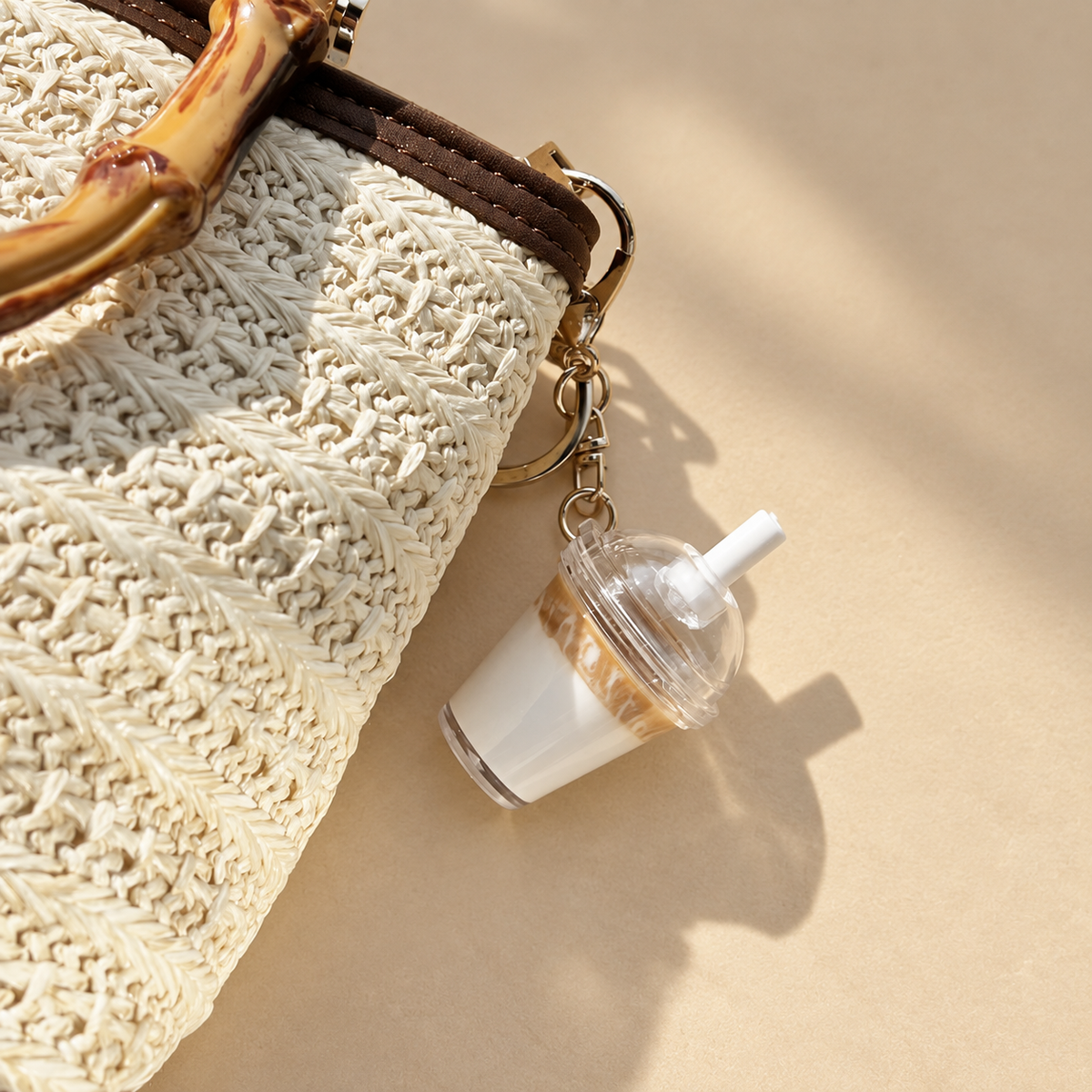 AI styled image: miniature latte charm clipped to a woven cream bag