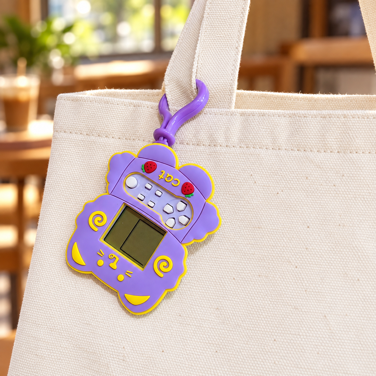 Lavender cat game console charm hanging by its existing purple clip on a tote; bag not included