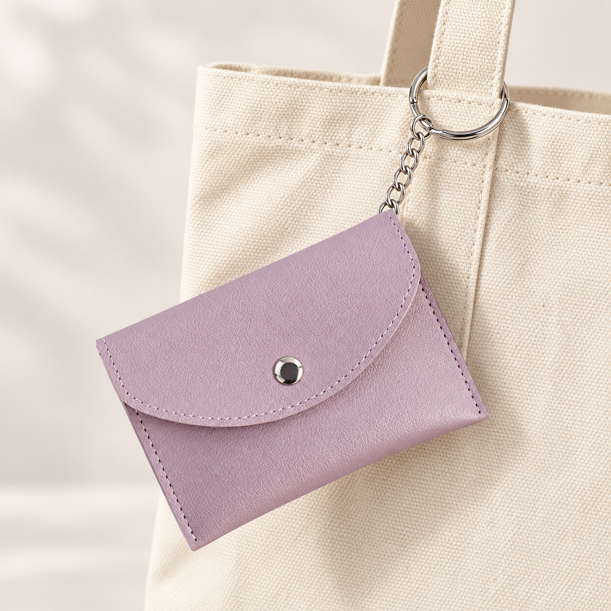 Purple mini coin purse on a canvas bag — AI-generated styling image