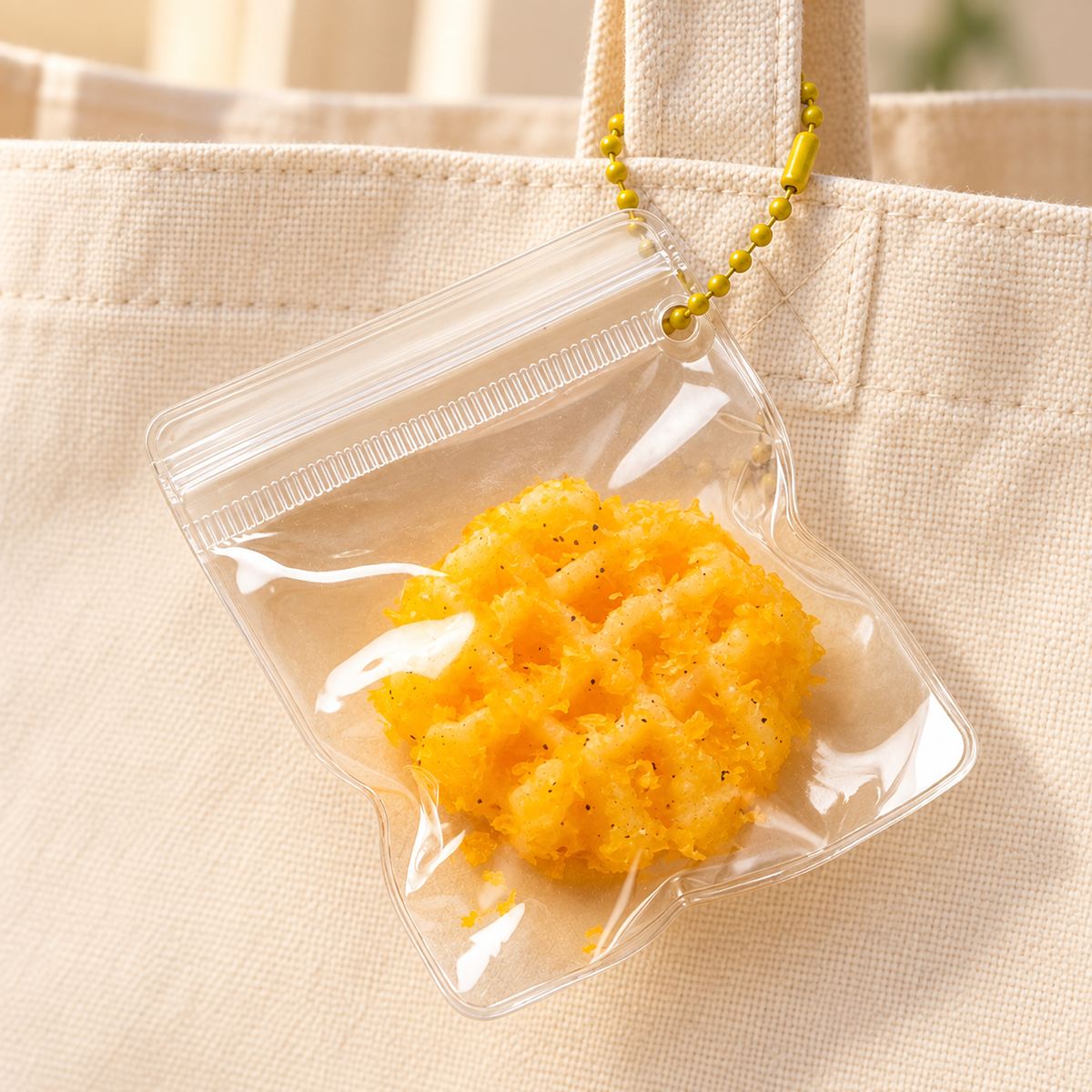 Mini Food Squishy Bag Charm on a bag — AI styling; bag not included