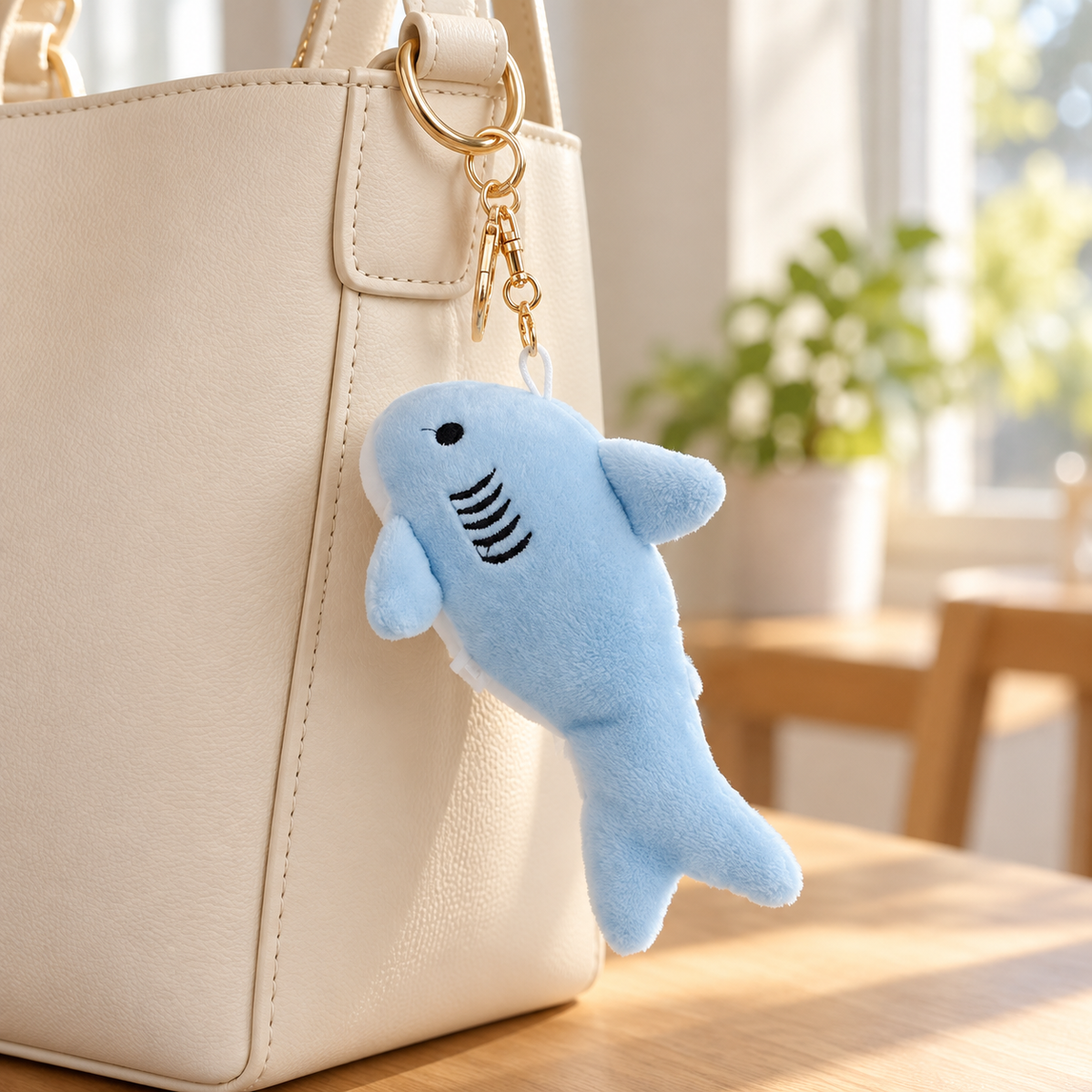 Shark Plush Bag Charm on a bag — AI styling; bag not included
