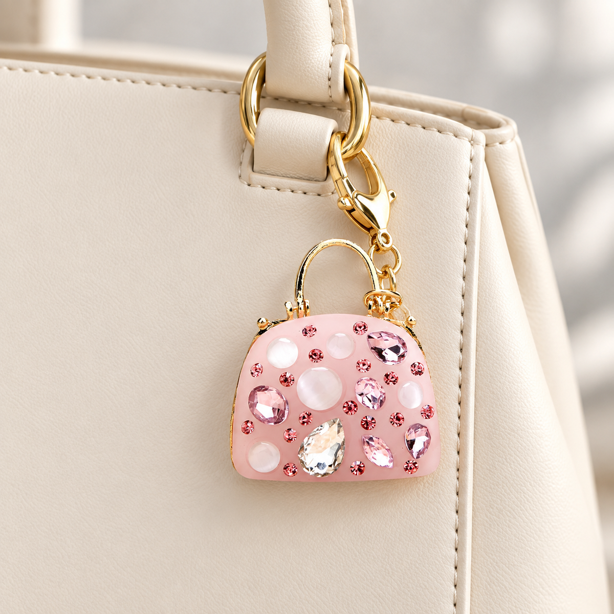 Pink crystal handbag charm on a cream bag — AI-generated styling