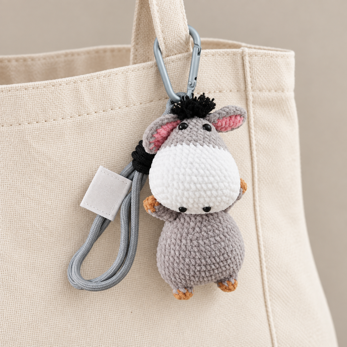 Crochet donkey charm on canvas tote — AI styling; tote not included
