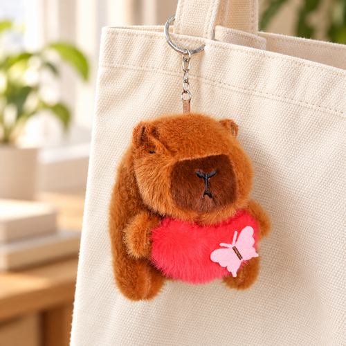 Brown capybara holding a red heart on a tote bag — AI styling; bag not included