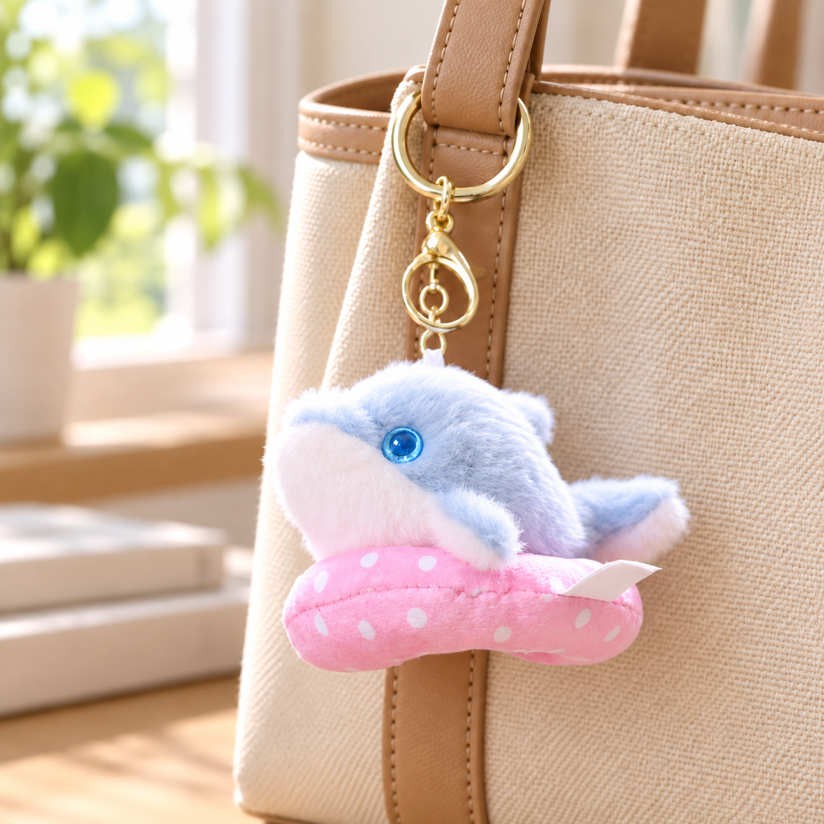 Dolphin plush with pink swim ring attached to a cream tote