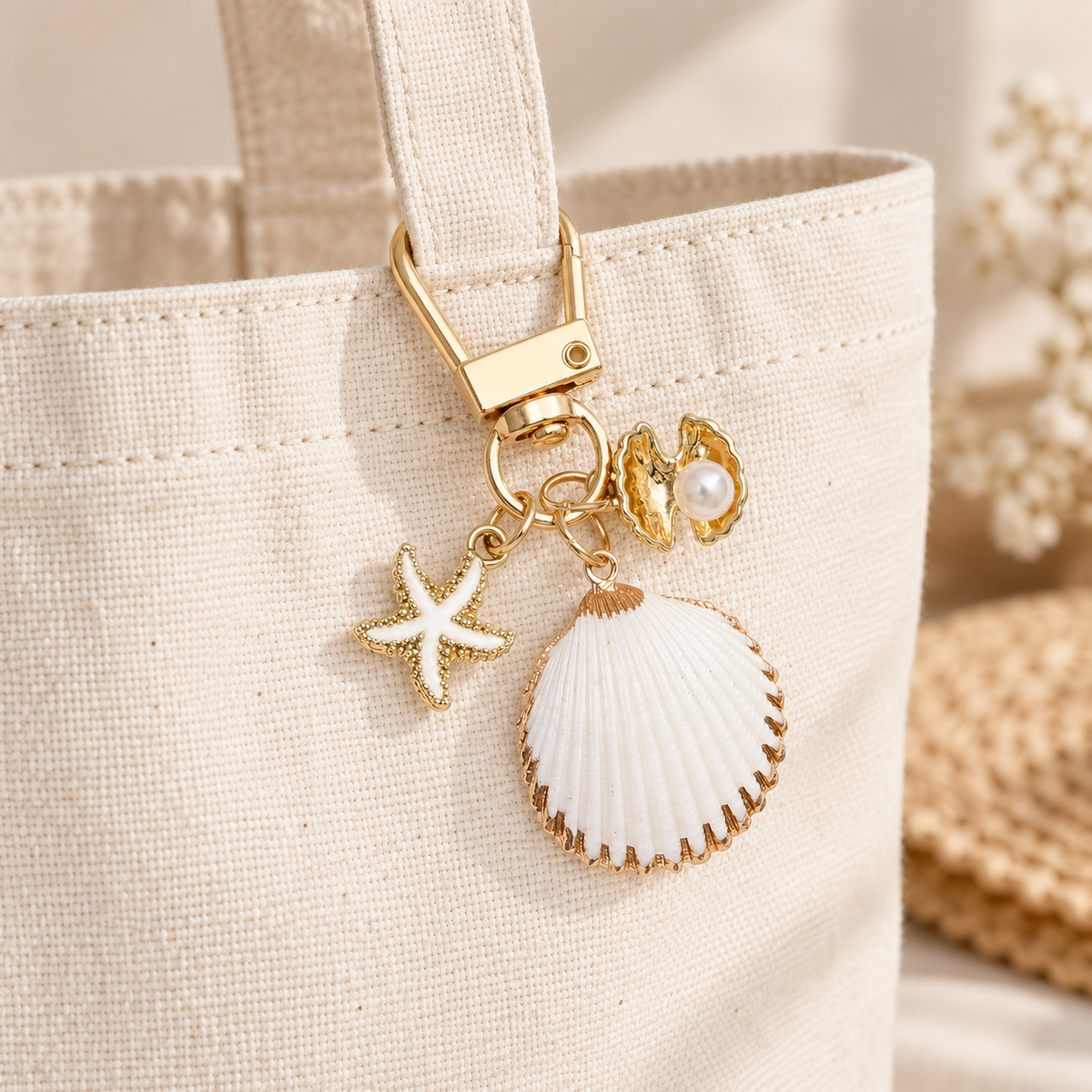 Seashell & Starfish Bag Charm styled on a cream tote; bag not included