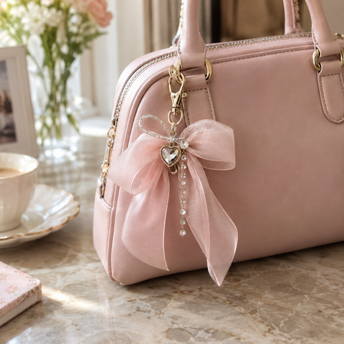 Ballet ribbon and rhinestone bag charm attached to a pastel handbag