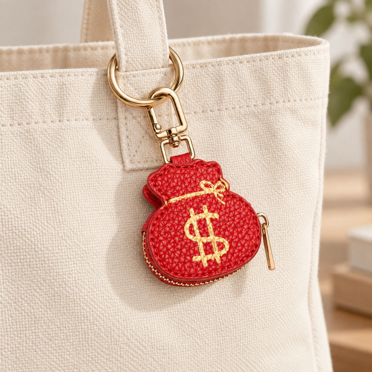Lucky Money Bag Coin Pouch Charm on a canvas bag — AI-generated styling; bag not included