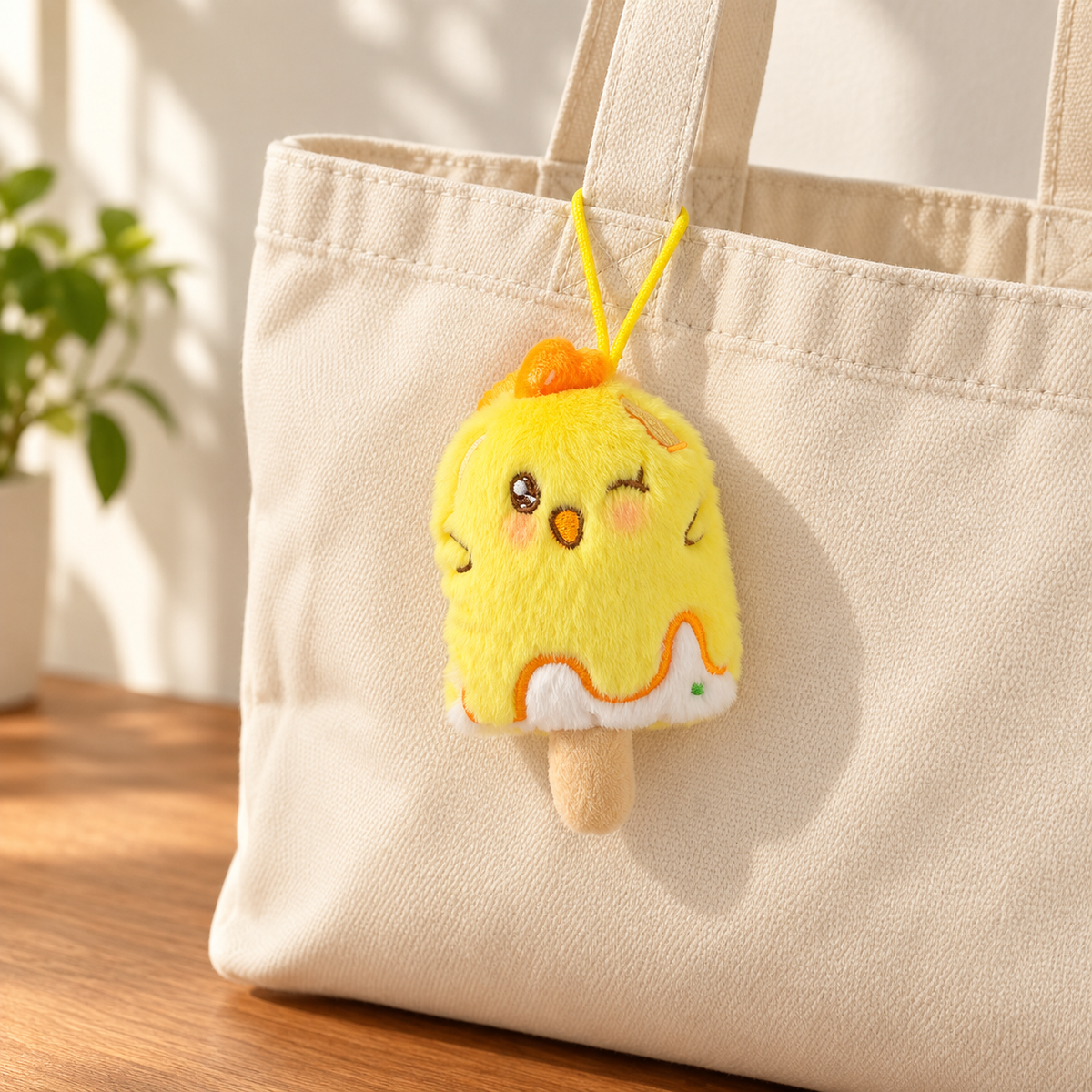 Dessert Chick Plush Bag Charm on a canvas bag — AI-generated styling; bag not included