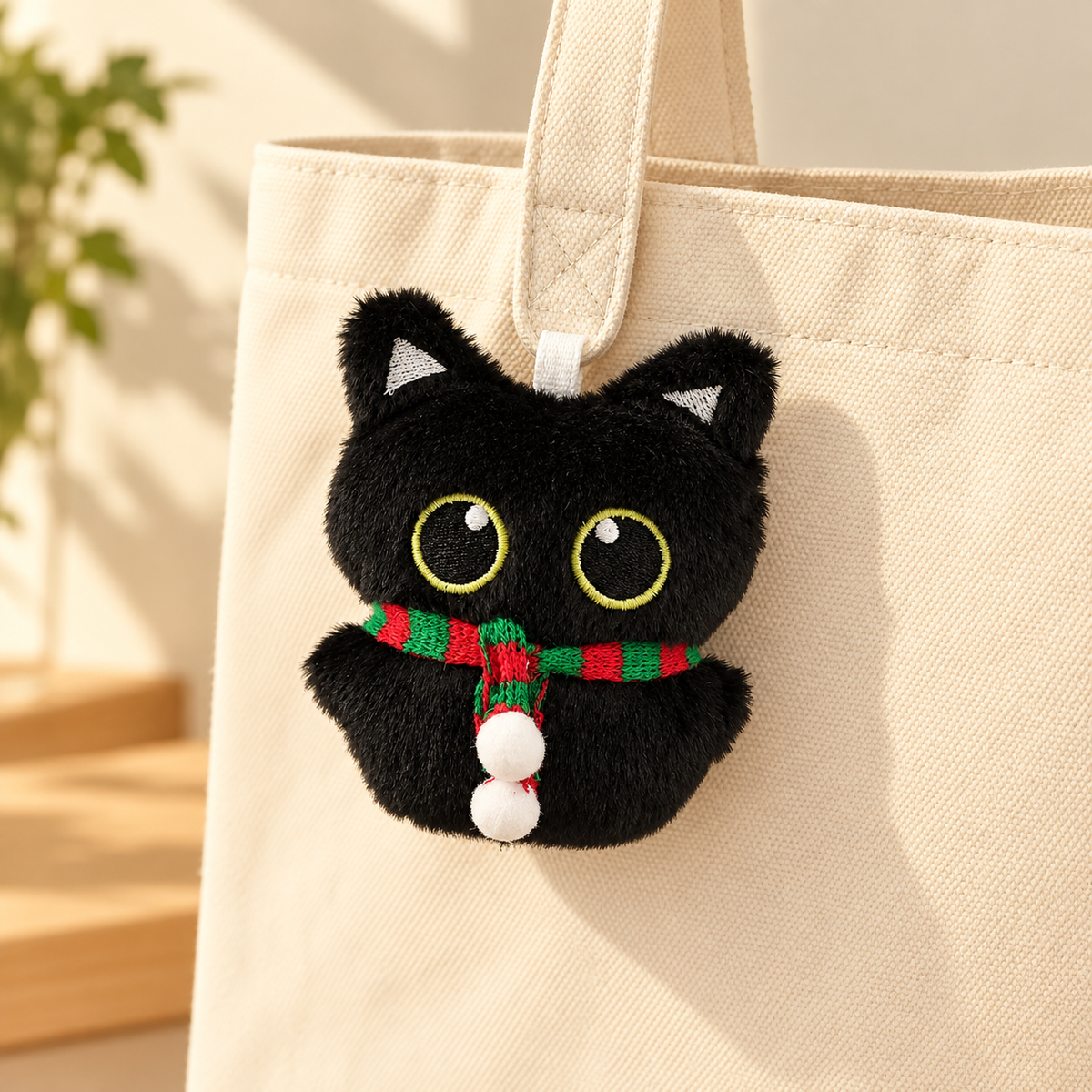 Scarf Cat Plush Bag Charm on a canvas bag — AI-generated styling; bag not included