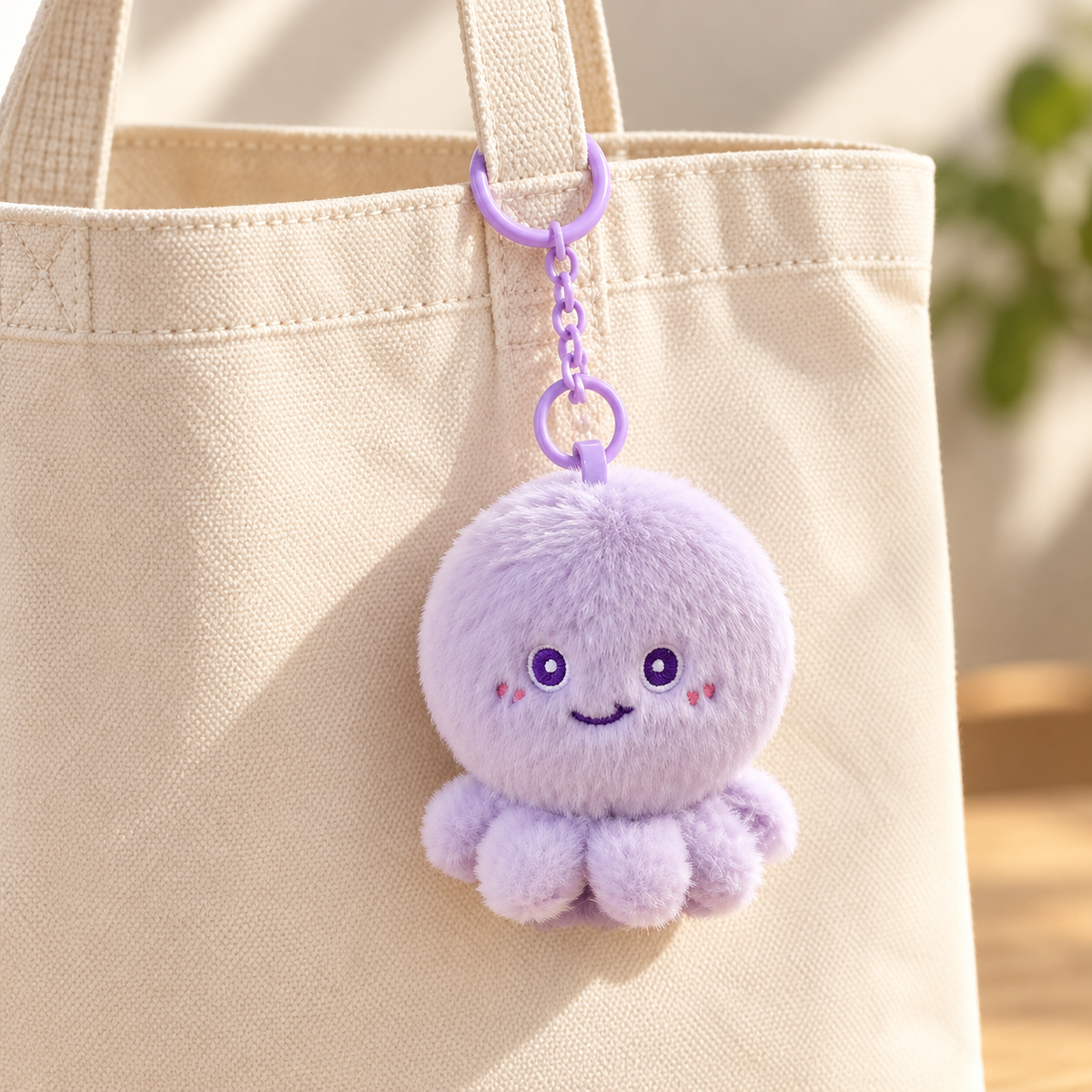 Ocean Animal Plush Bag Charm on a canvas bag — AI-generated styling; bag not included