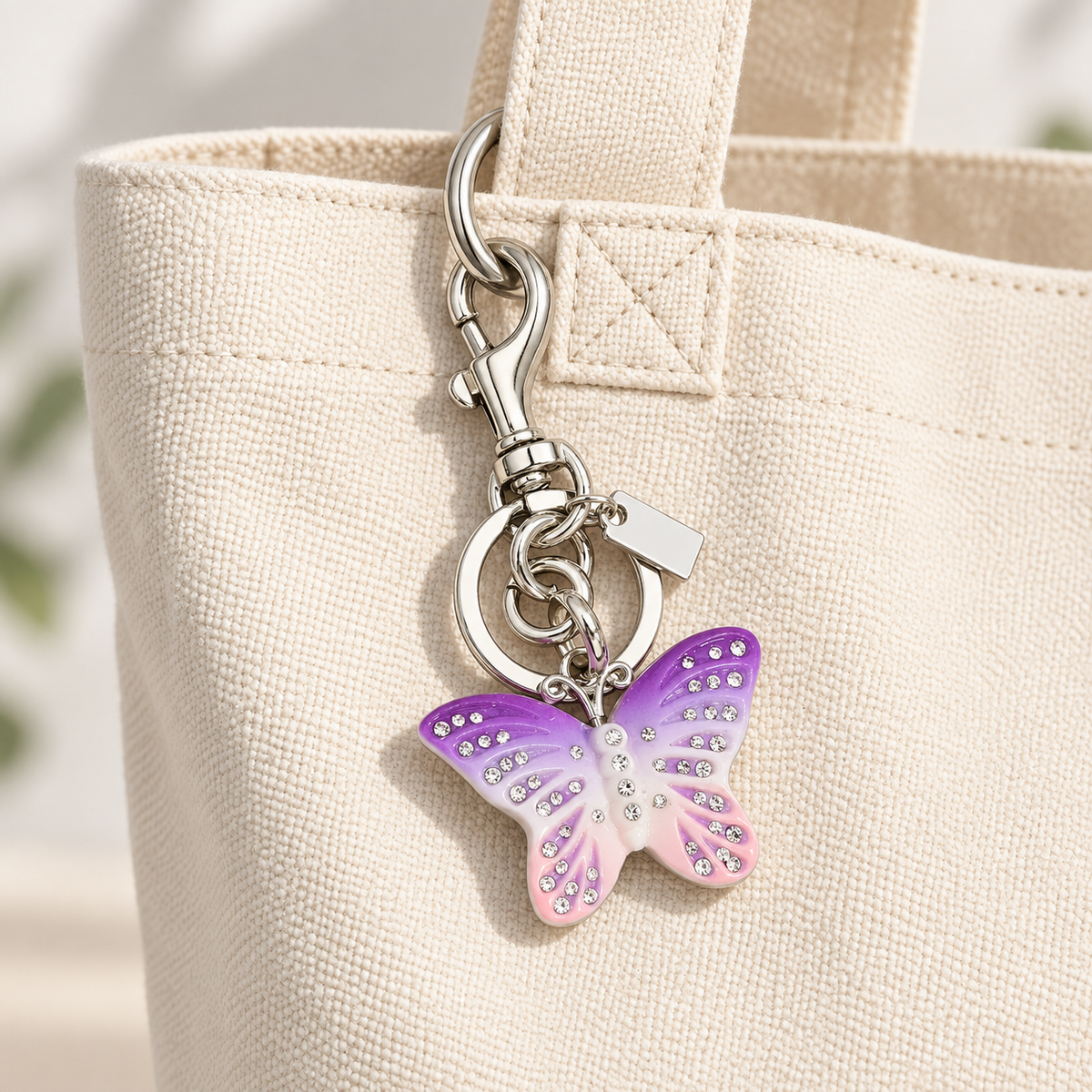 Rhinestone Butterfly Bag Charm on a canvas bag — AI-generated styling; bag not included