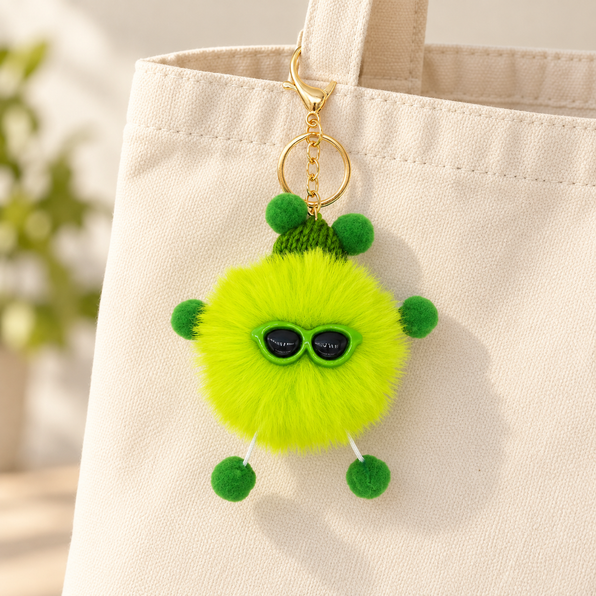Sunglasses Pom-Pom Bag Charm on a canvas bag — AI-generated styling; bag not included