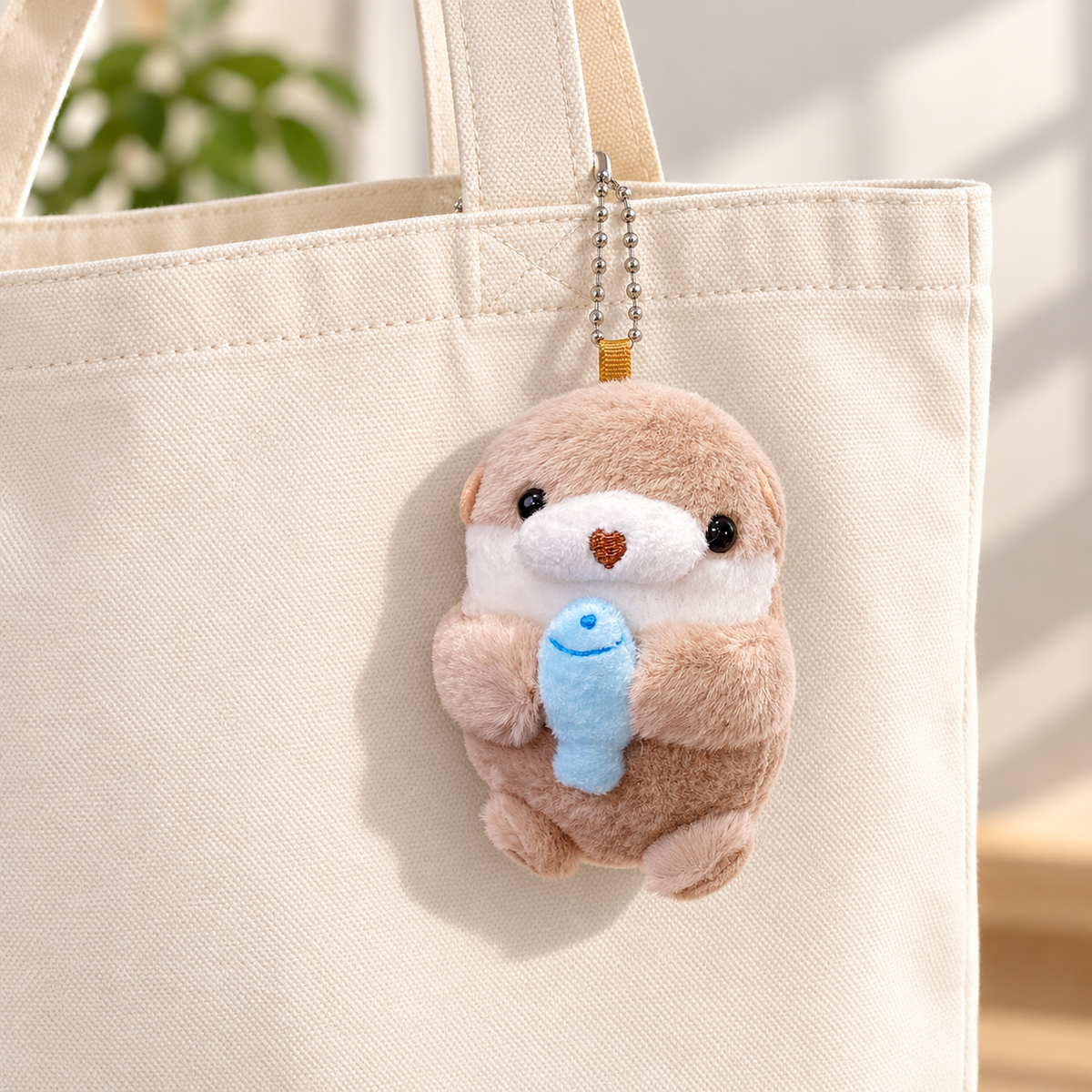 Otter & Fish Plush Bag Charm on a canvas bag — AI-generated styling; bag not included