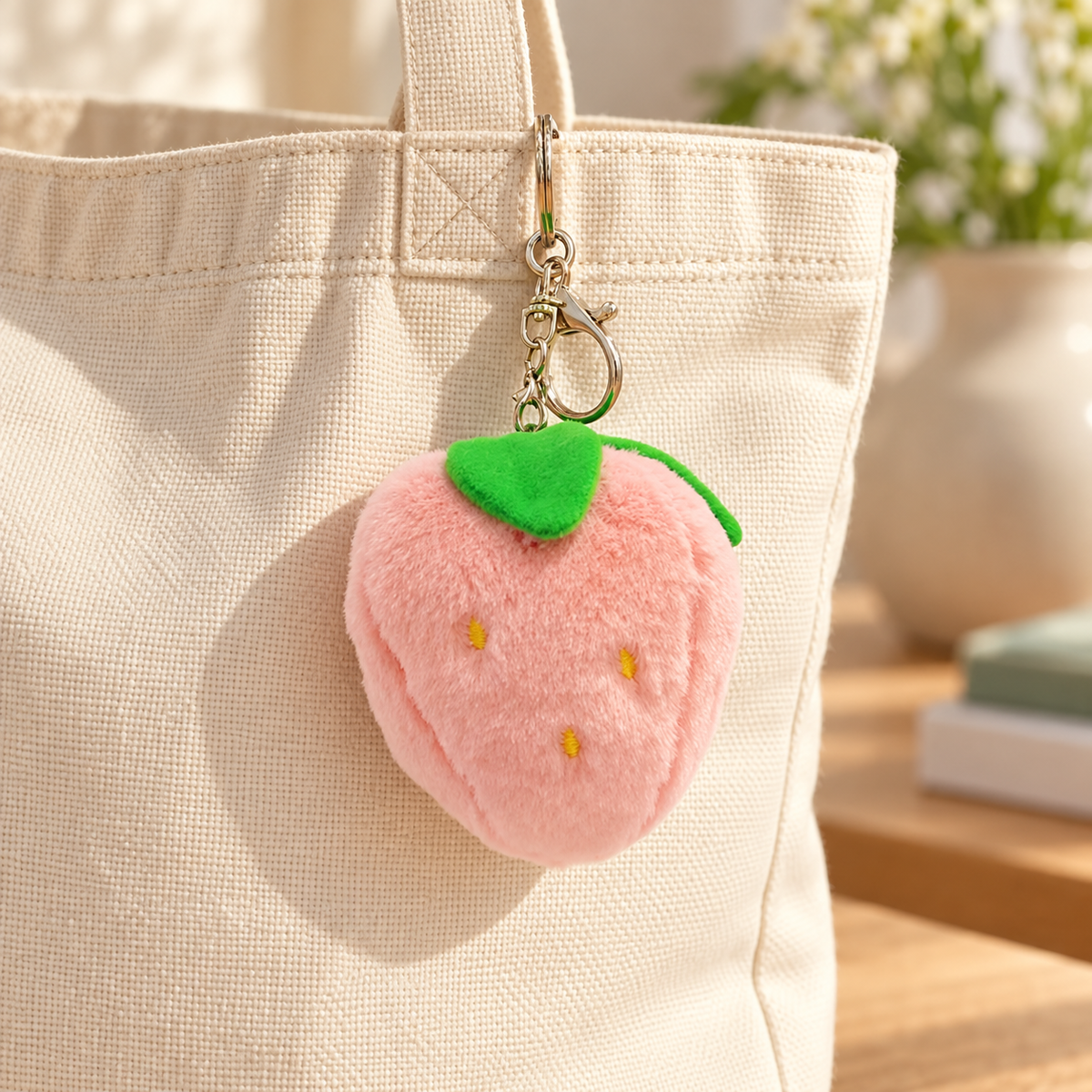 Plush Strawberry Bag Charm styled on a cream bag; bag not included
