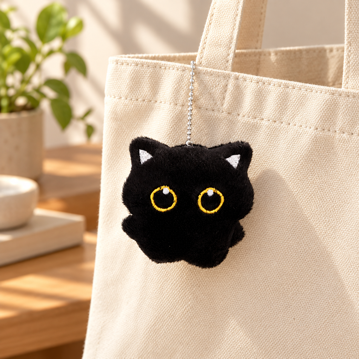 Plush Cat Bag Charm styled on a cream bag; bag not included