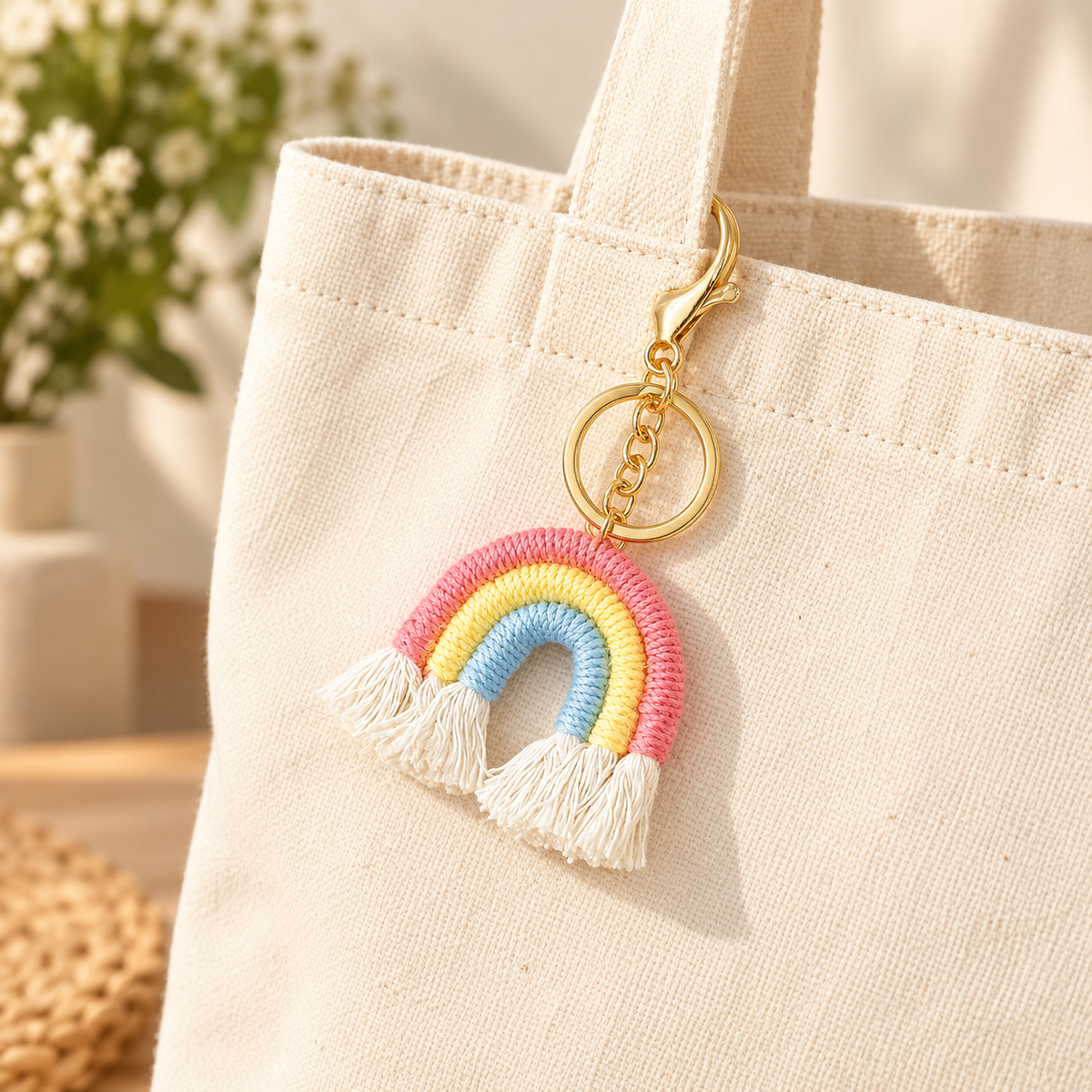 Pastel Rainbow Bag Charm styled on a cream bag; bag not included