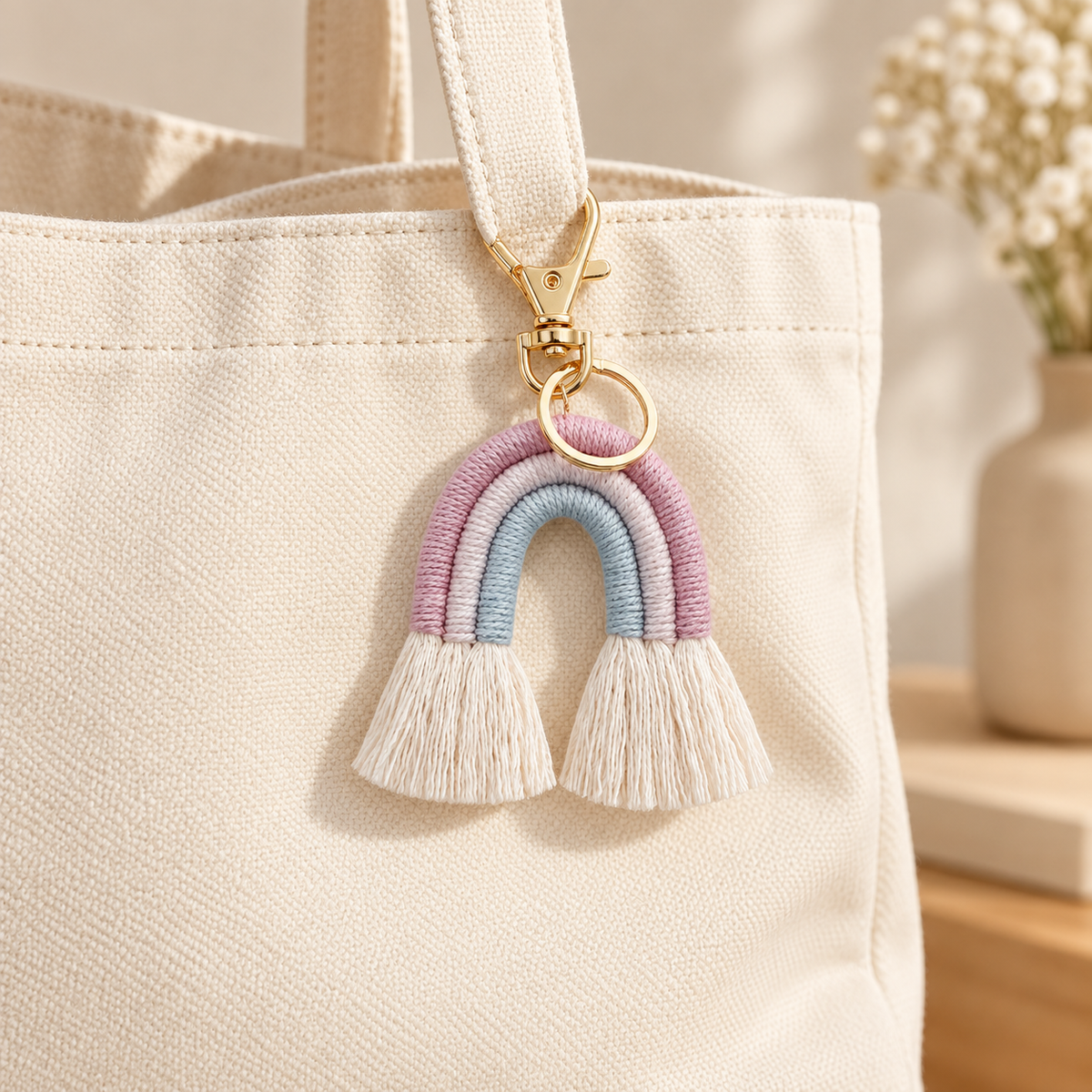 Cotton Rainbow Tassel Bag Charm styled on a cream bag; bag not included