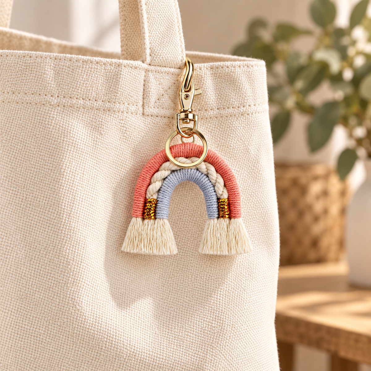 Braided Rainbow Tassel Bag Charm styled on a cream bag; bag not included