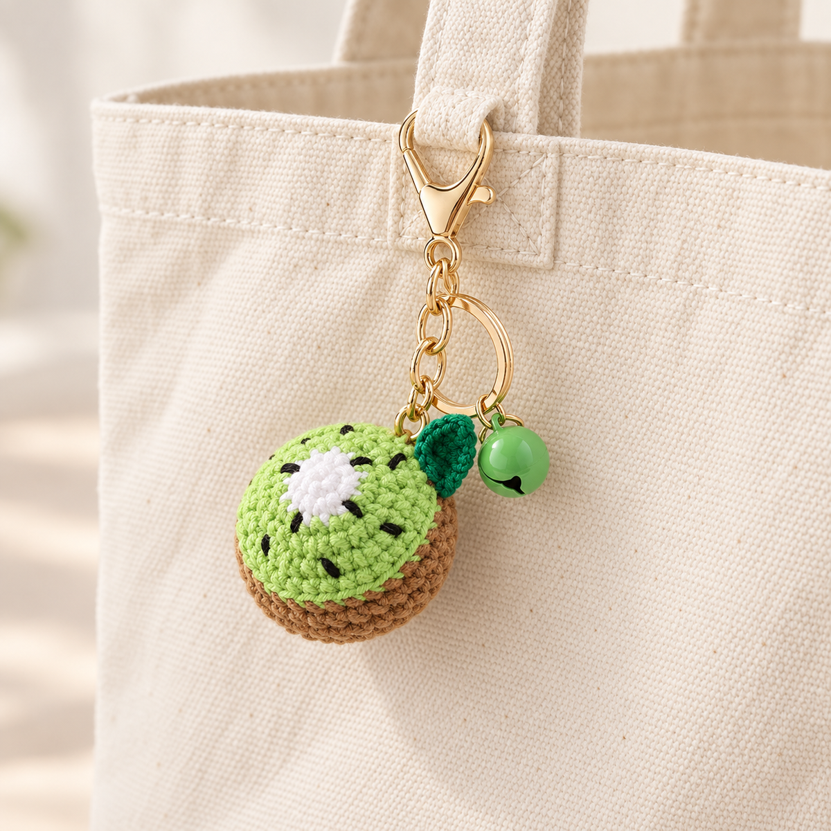 Crochet kiwi charm with matching bell, clipped to a cream canvas tote; bag not included
