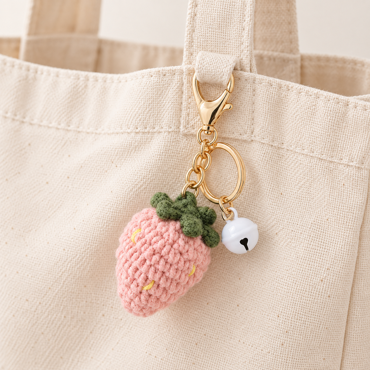 Crochet pink strawberry charm with matching bell, clipped to a cream canvas tote; bag not included