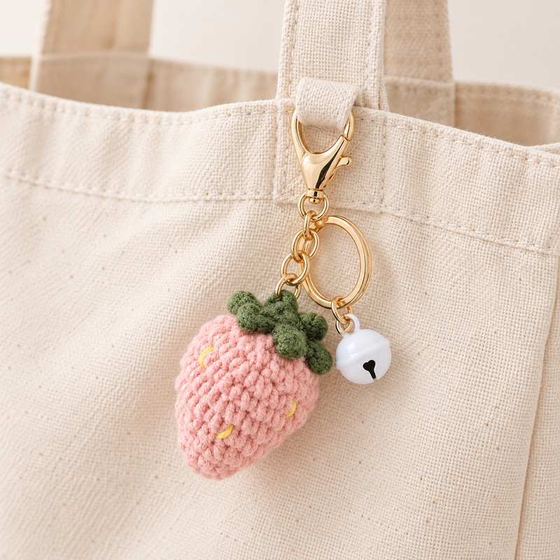 Crochet Pink Strawberry & Bell Bag Charm