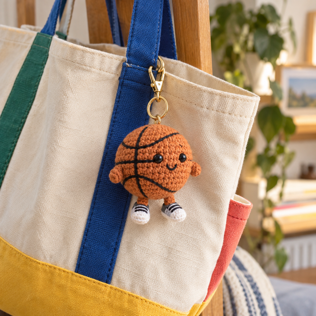 Crochet sports-ball character bag charm attached to a canvas tote