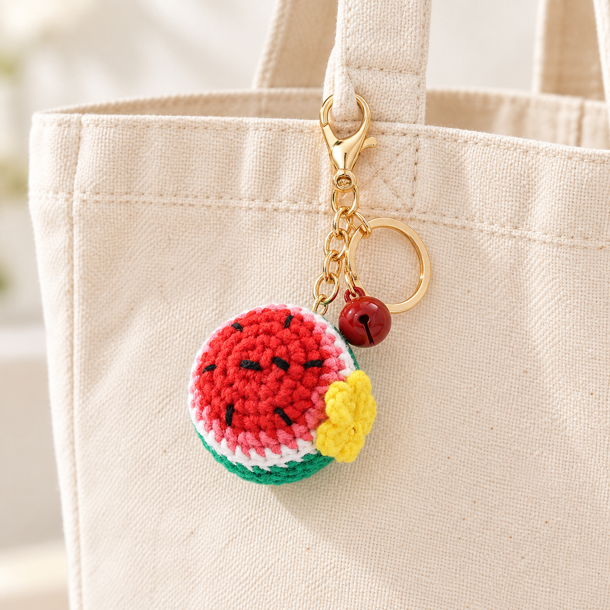 Crochet watermelon charm with matching bell, clipped to a cream canvas tote; bag not included