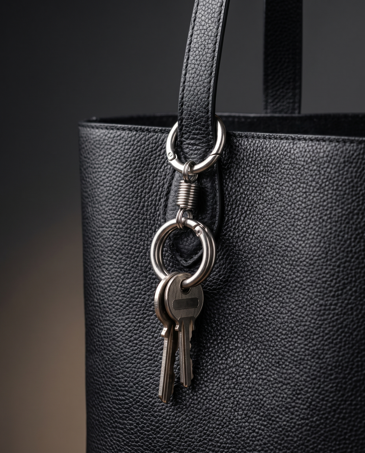 Silver detachable double-loop key holder clipped to a black tote strap