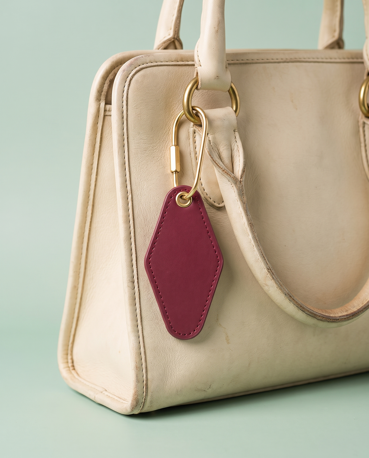 Cherry red retro motel key-tag charm on a cream handbag