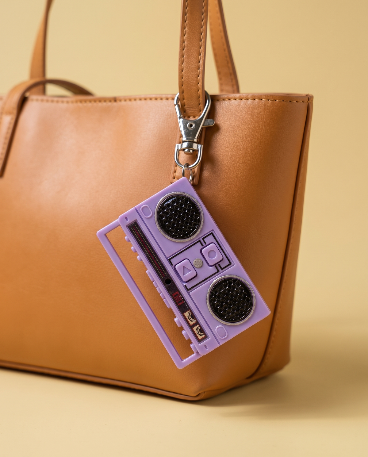 Mini retro radio cassette charm clipped to a tan leather tote