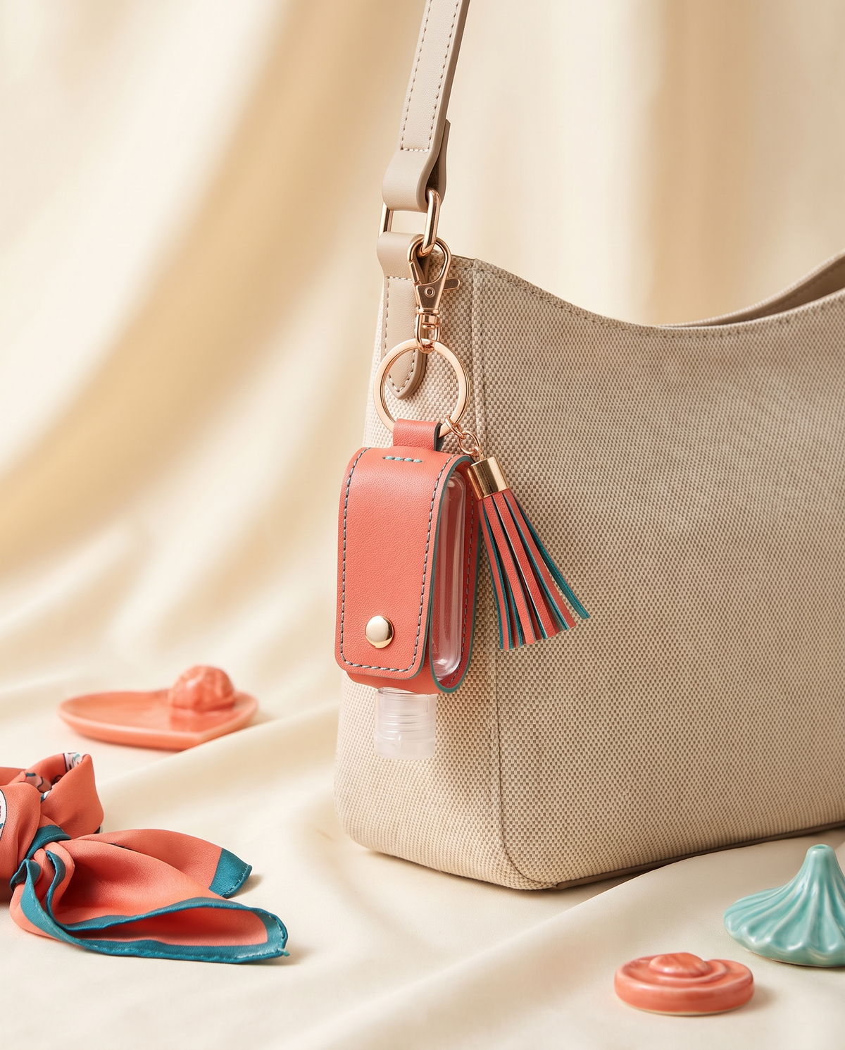Leather hand sanitizer holder charm clipped to a neutral handbag