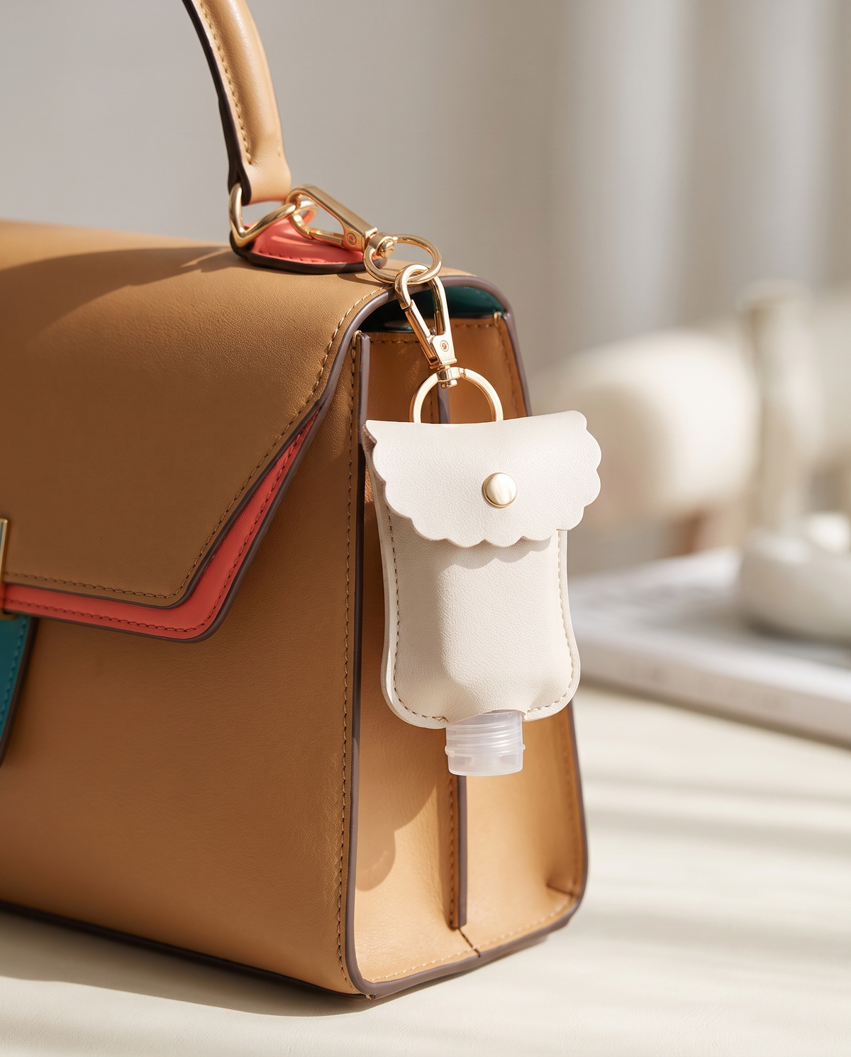 PU leather sanitizer bottle sleeve charm on a tan handbag