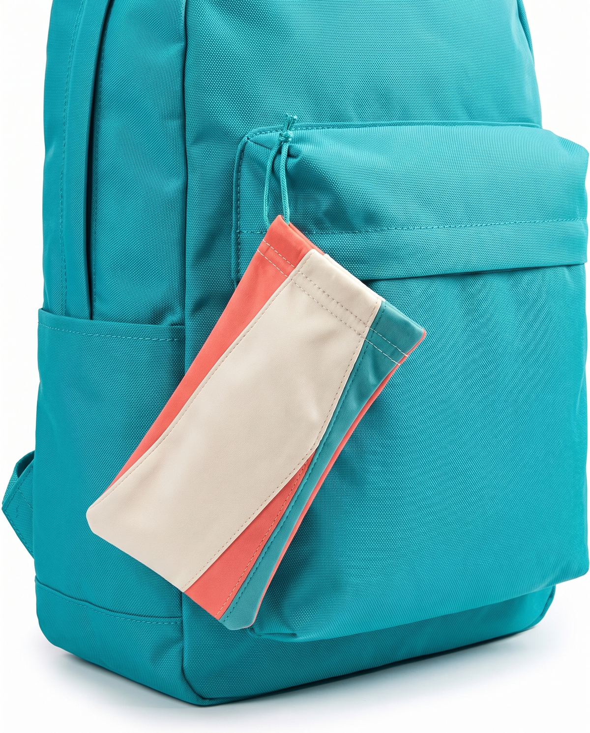 Microfiber eyeglasses pouch charm on a teal backpack