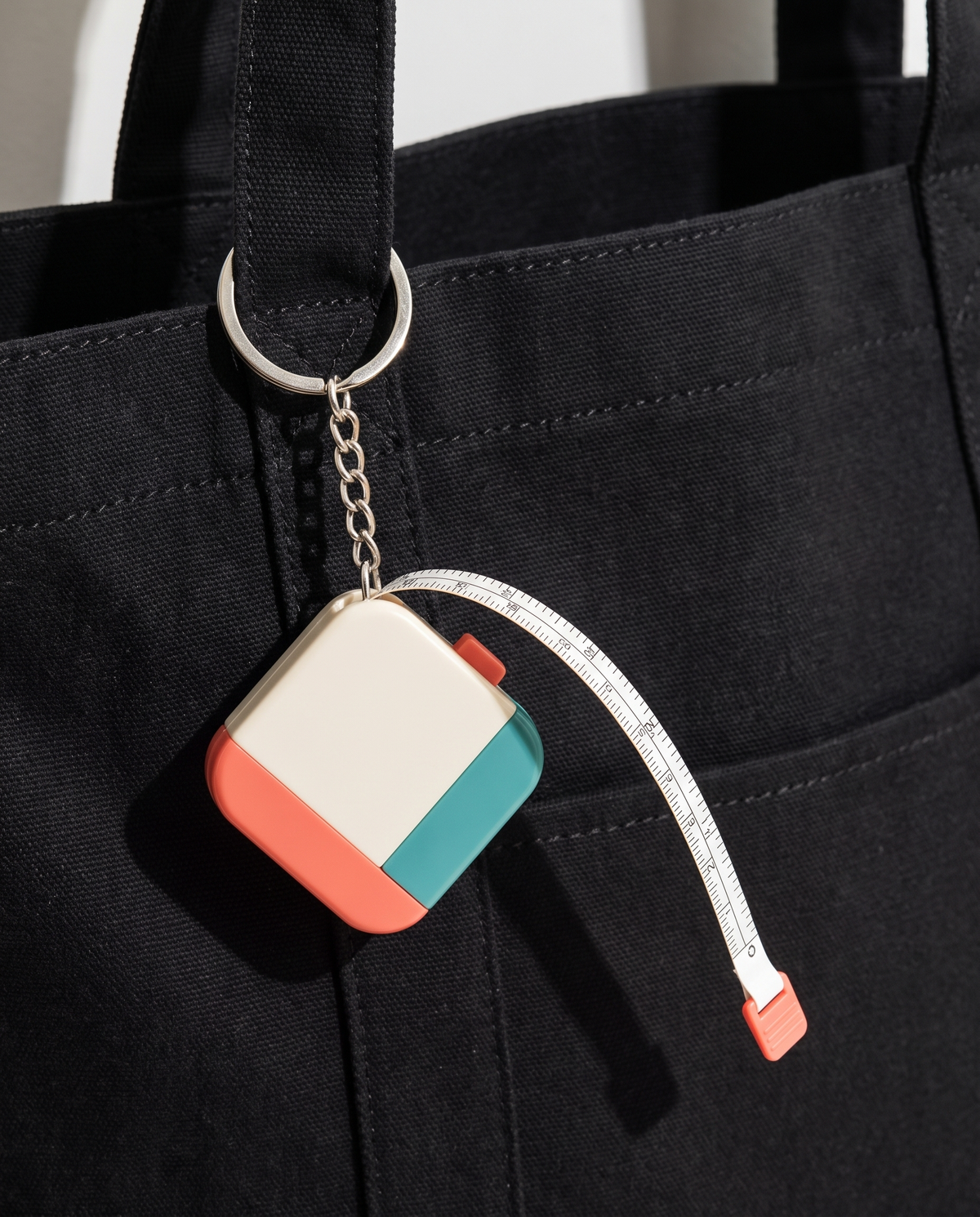 Mini ruler tool charm attached to a black utility tote