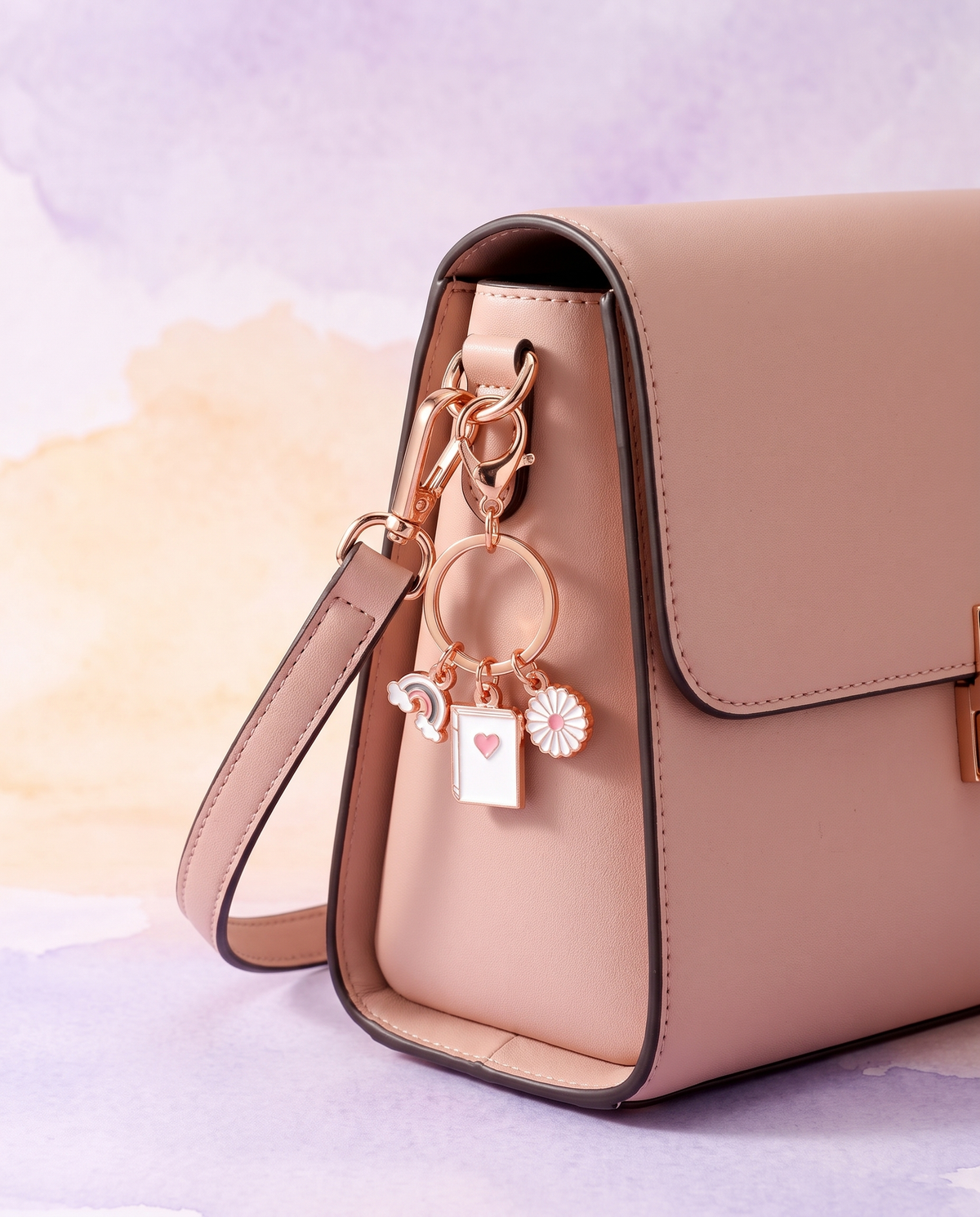 Mini rose-gold book flower rainbow charm clipped to a blush handbag