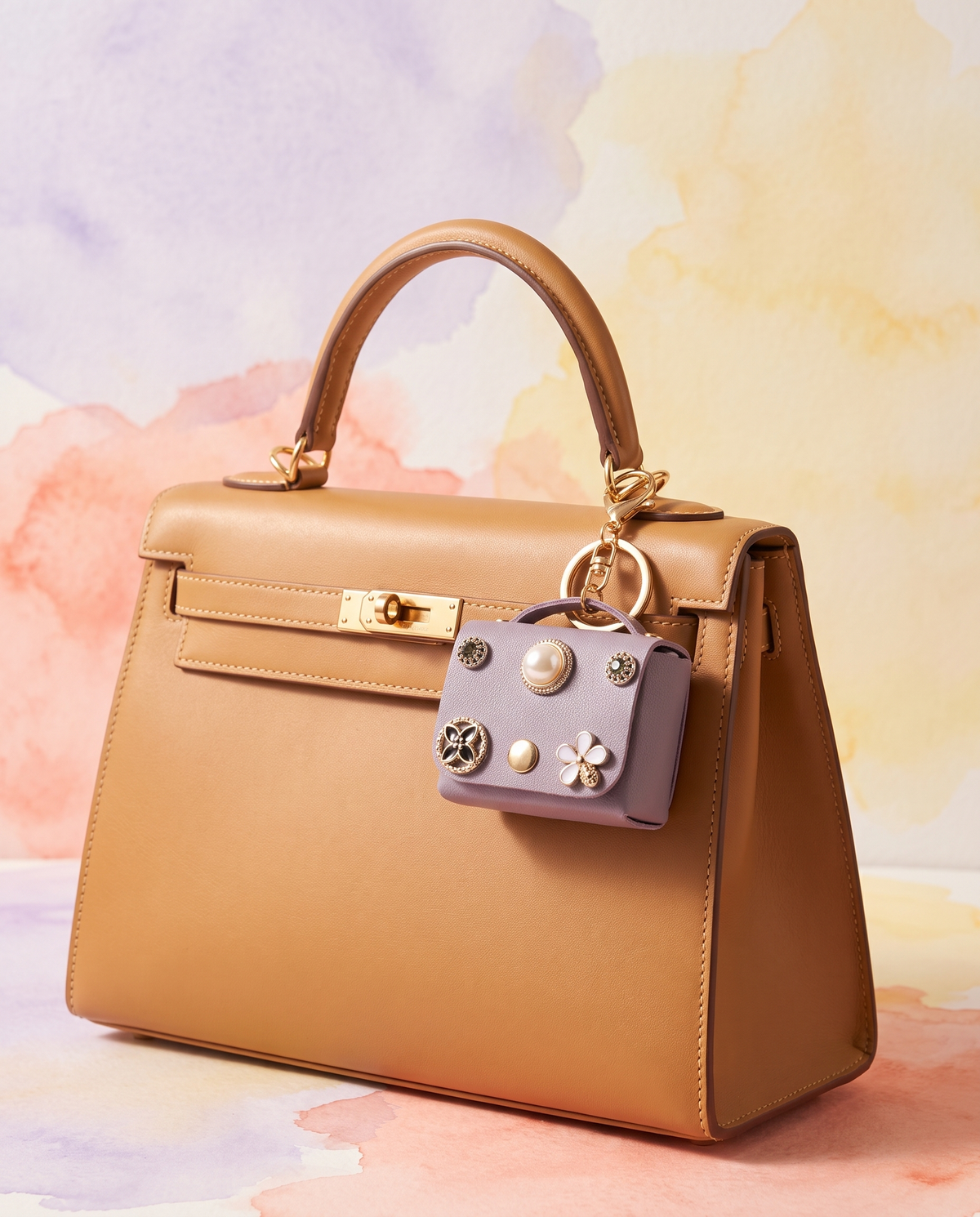 Mini handbag-shaped PU charm clipped to a structured tan handbag
