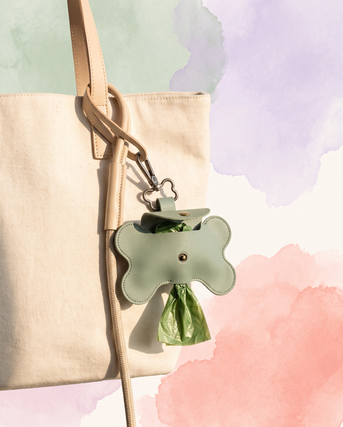 PU leather dog waste bag holder charm clipped to a neutral leash beside a cream tote