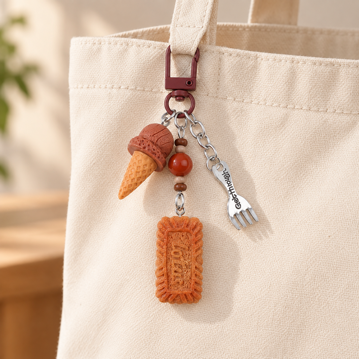 Chocolate ice cream and biscuit charm clipped to a cream canvas bag; bag not included