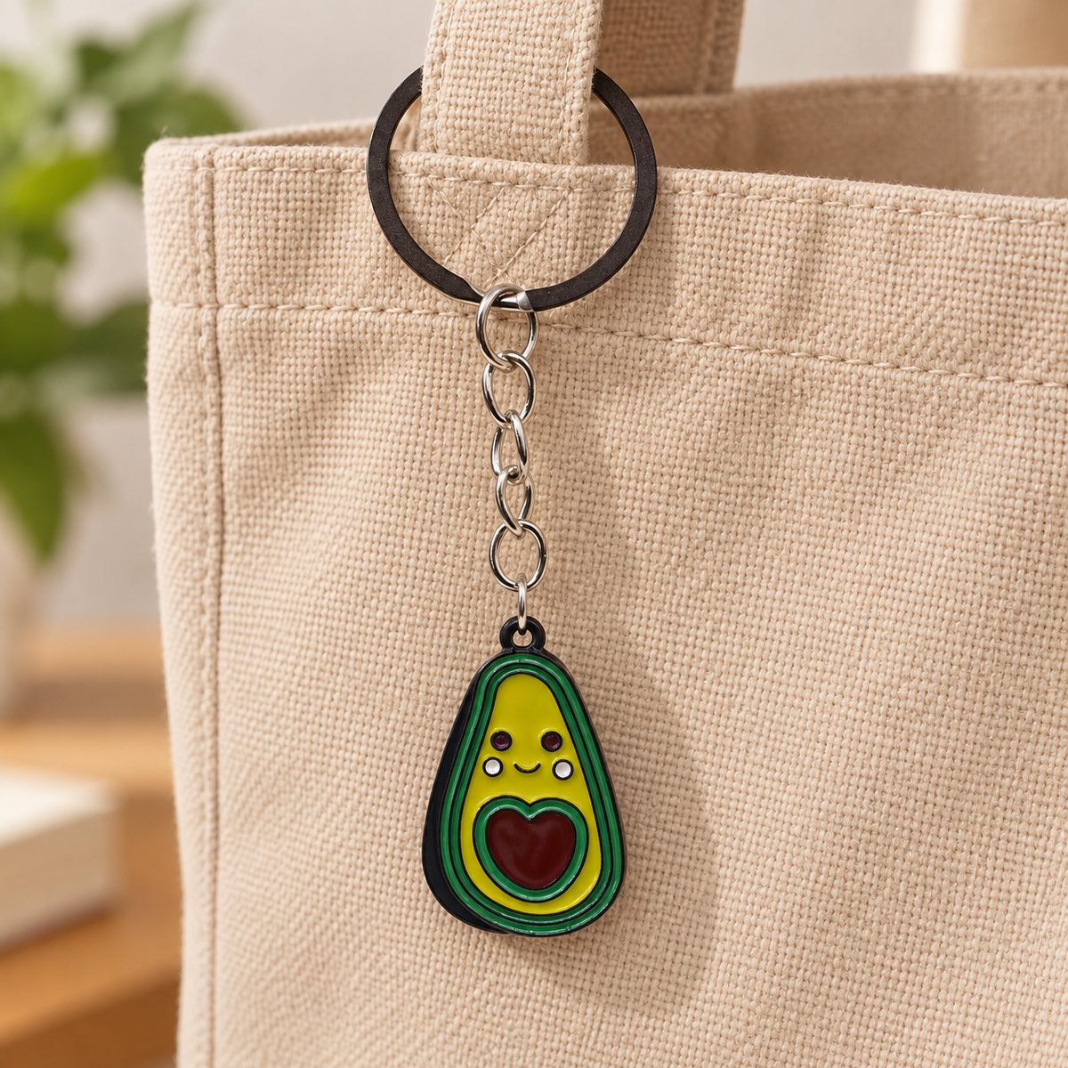 Avocado illustrated bag charm attached to a handbag