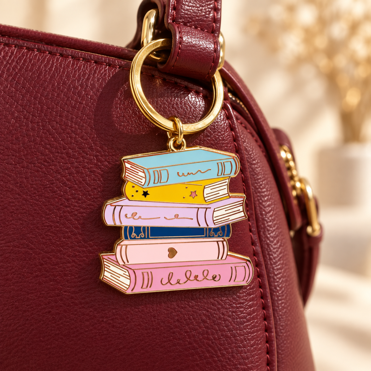Stacked books charm styled on a burgundy bag; bag not included