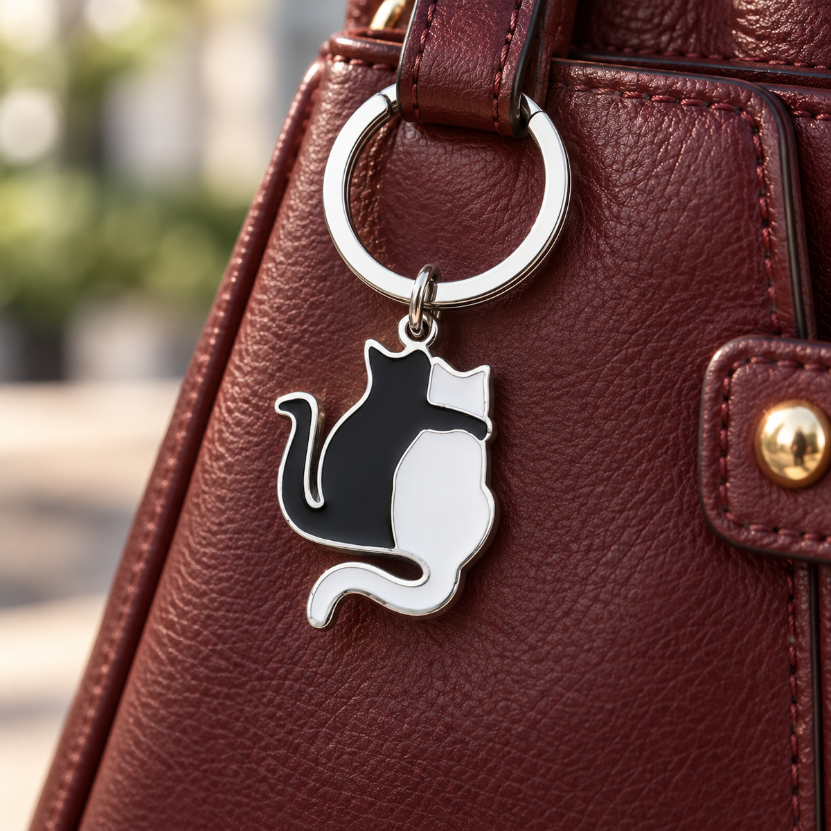 Black & White Cat Duo Bag Charm styled on a bag; bag not included