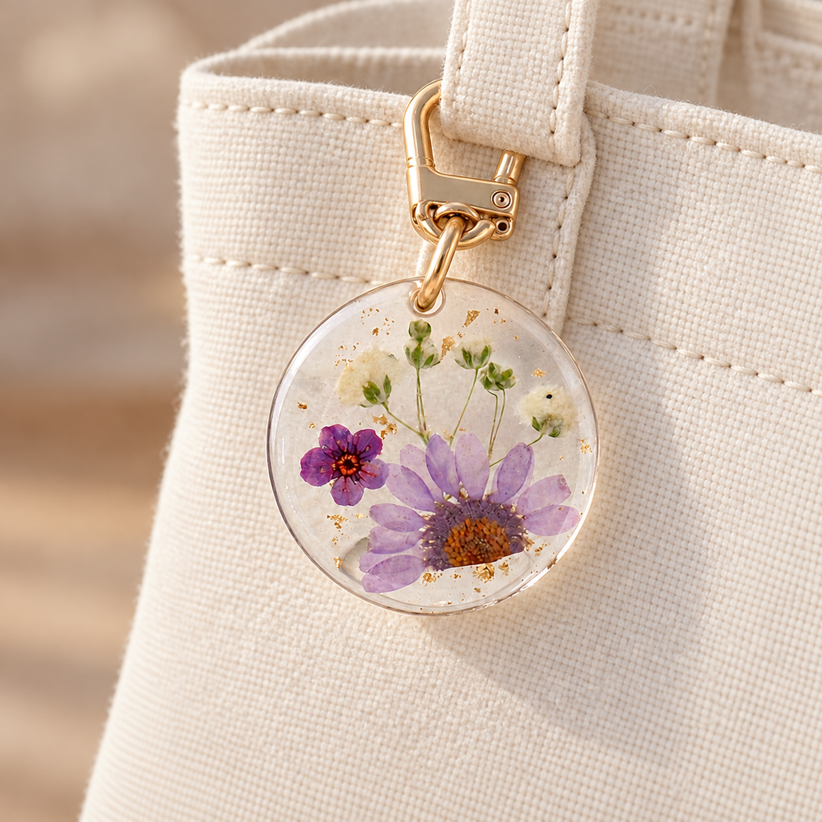 Pressed Flower Bag Charm styled on a bag; bag not included