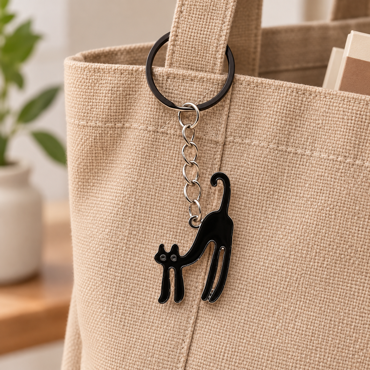 Black Cat illustrated bag charm attached to a handbag