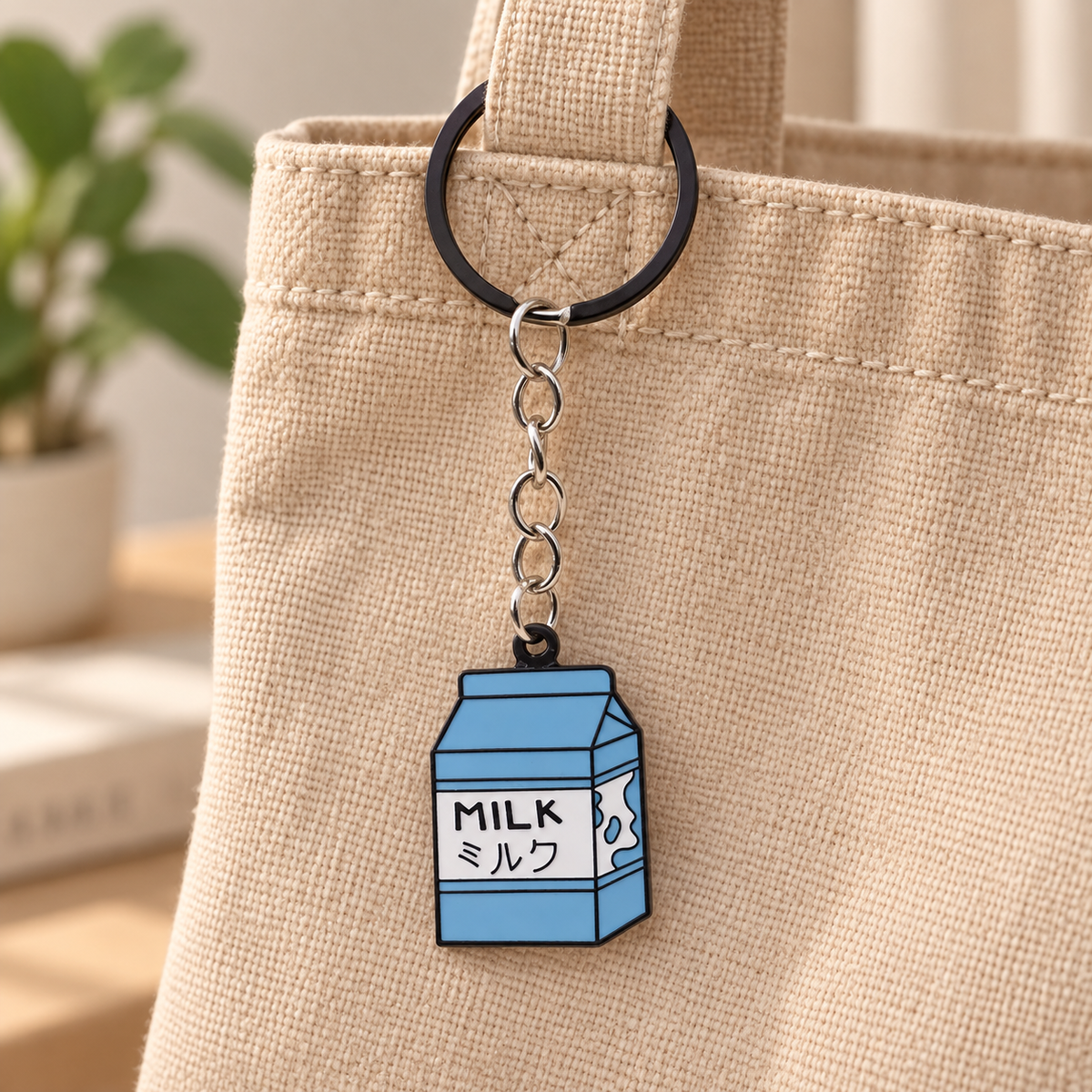 Milk Carton illustrated bag charm attached to a handbag